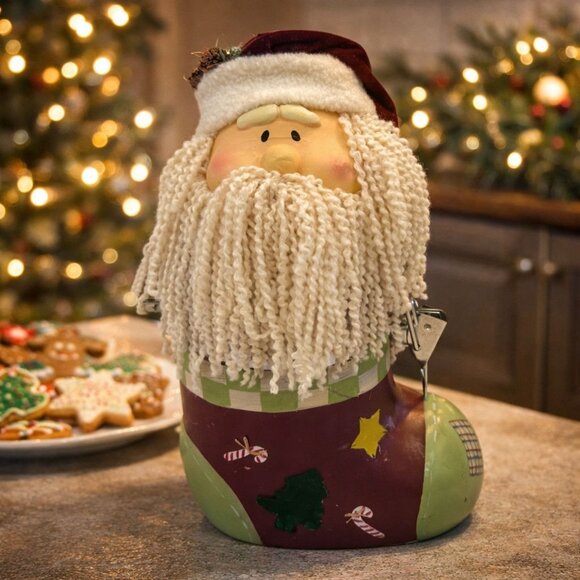 Santa Boot Cookie Jar With Festive Design Ceramic & Wool Blend Holiday Decor - Picture 2 of 5